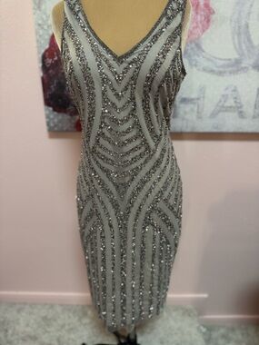Adrianna Papell Beaded Silver Midi Dress with V-Neck